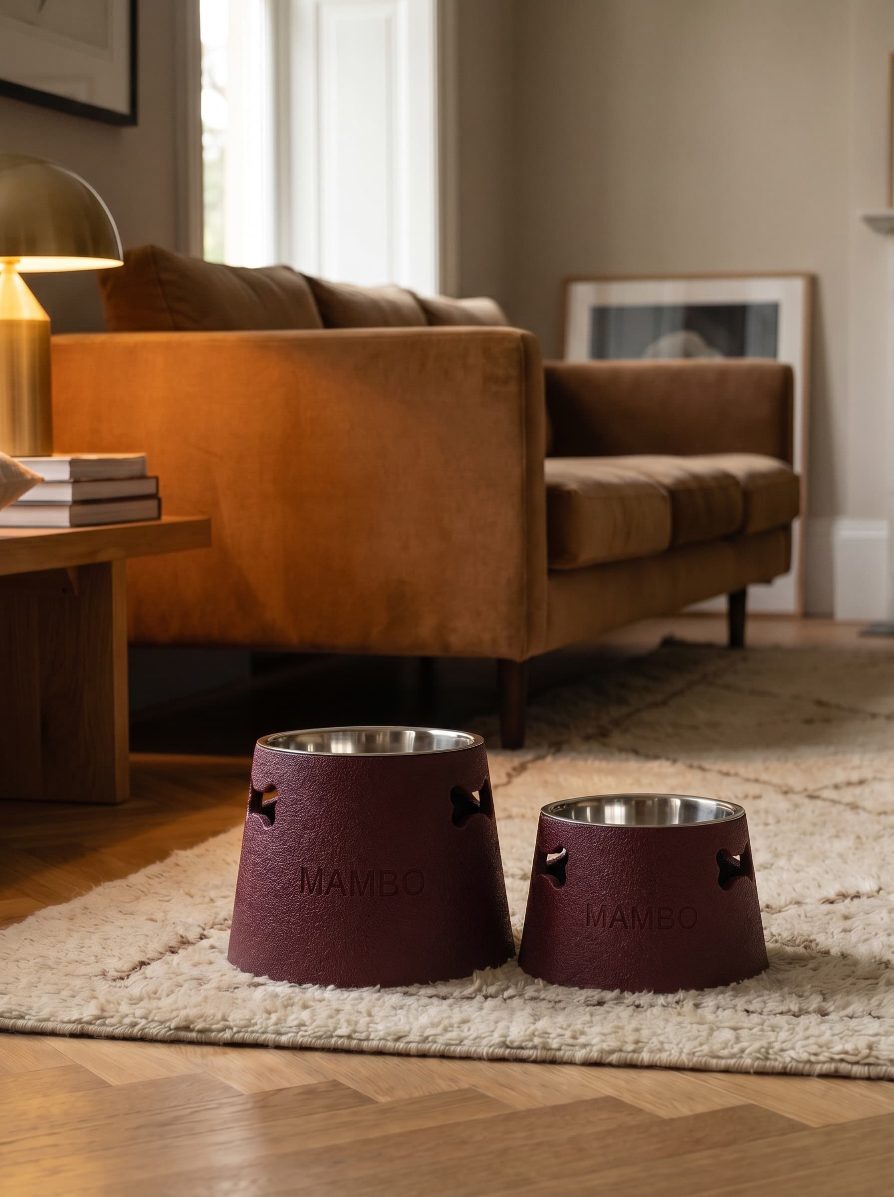 Burgundijos Mambo dubenėliai klasikinės svetainės interjere, velvetinė sofa, židinys, auksinis šviestuvas