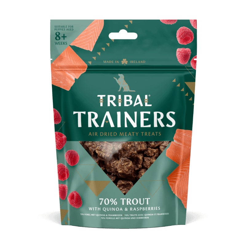 Upėtakio ir aviečių skanėstai dresūrai šunims – Trout & Raspberry Trainers, 80 g – Tribal